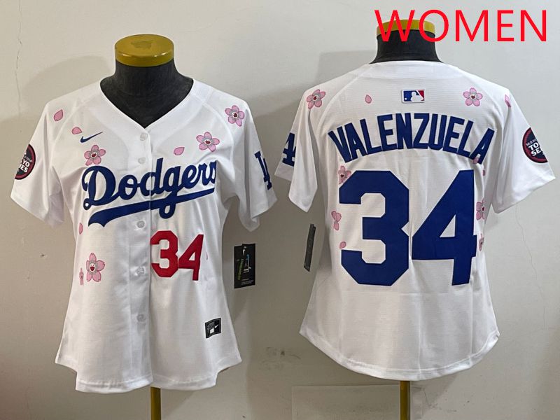 Women Los Angeles Dodgers #34 Valenzuela White Sakura Edition 2025 Nike MLB Jersey style 7